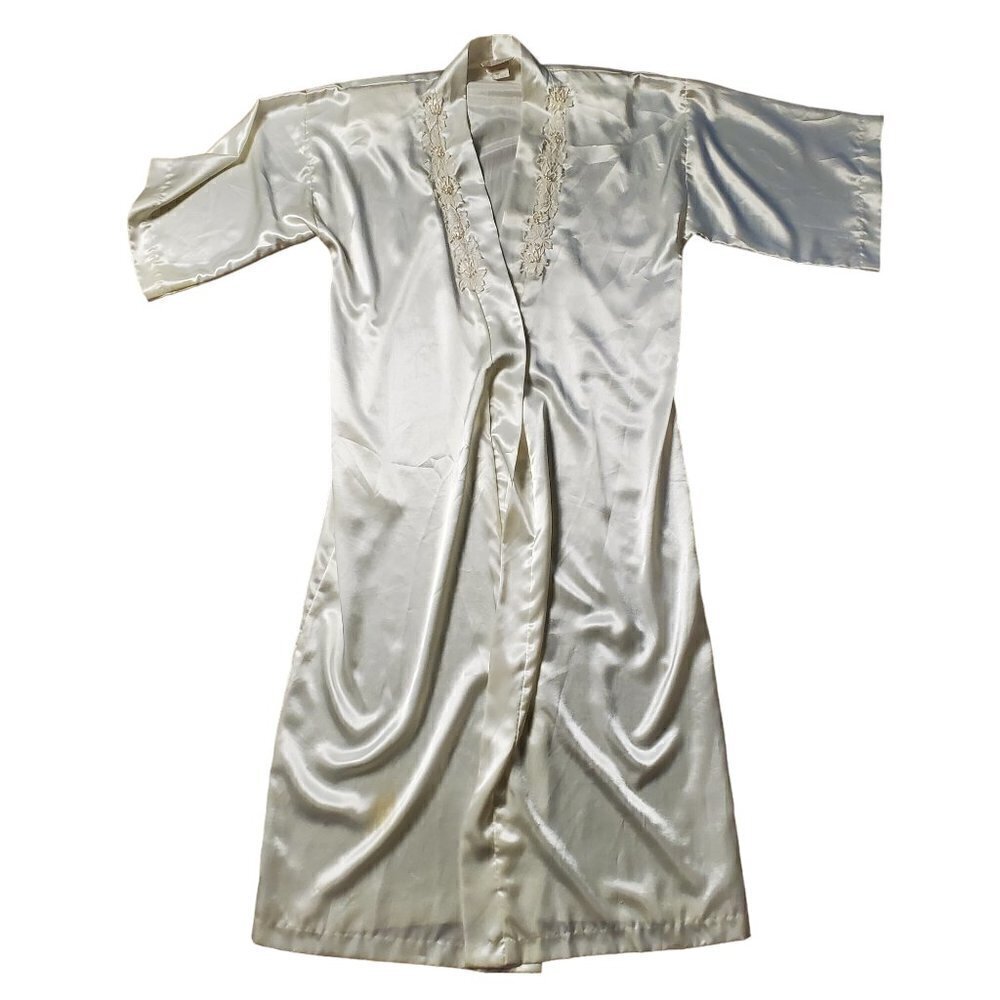 Vintage California Dynasty Silky Satin‎ Fairycore Romantic Ivory Tie Robe Size S